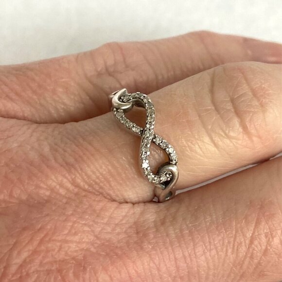 Sterling Silver 925 Dainty Round Diamond Infinity Symbol Band Ring Sz 4.75 - Picture 3 of 16